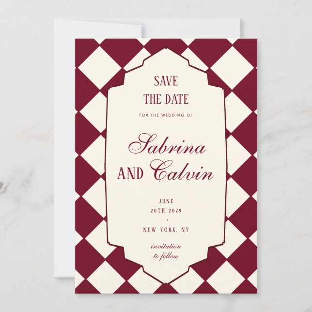 Reserve A Data Elegant Retro Checkered Burgundy Wedding (Frente)