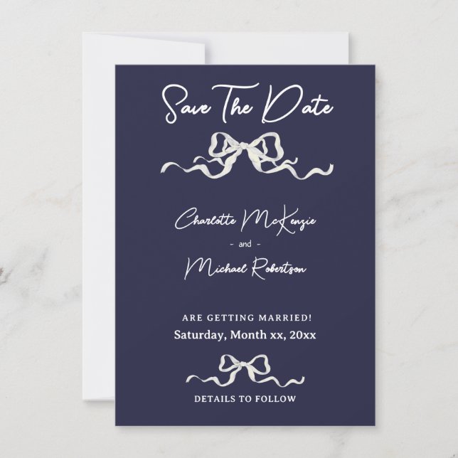 Reserve A Data Elegant Ribbon & Bow Romantic Wedding Navy & White (Frente)