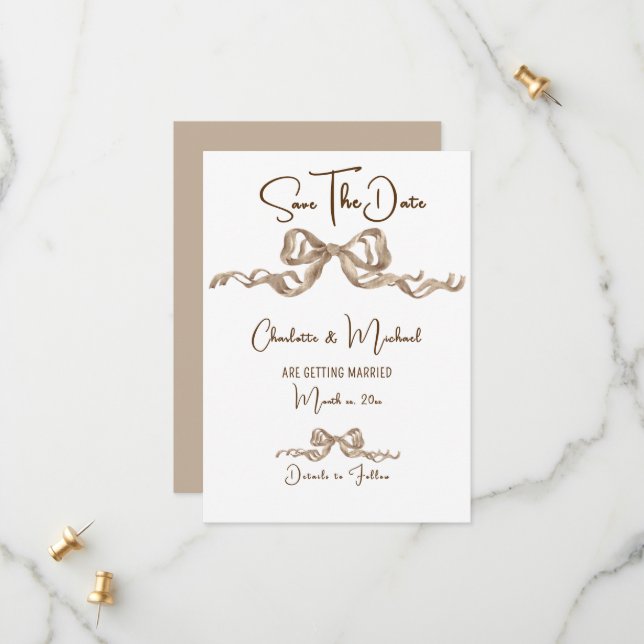 Reserve A Data Elegant Ribbon & Bow Warm Brown Classic Wedding (Frente/Verso In Situ)