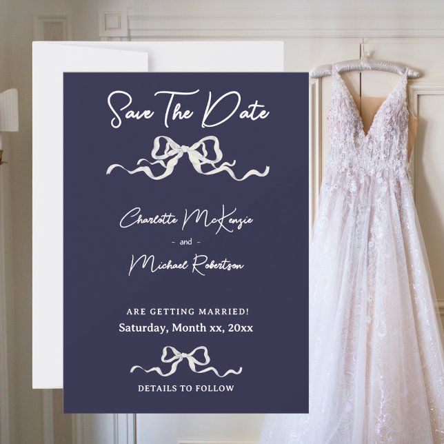 Reserve A Data Elegant Romantic Navy Ribbon Wedding (Elegant Romantic Wedding Navy & White Ribbon & Bow Save The Date)