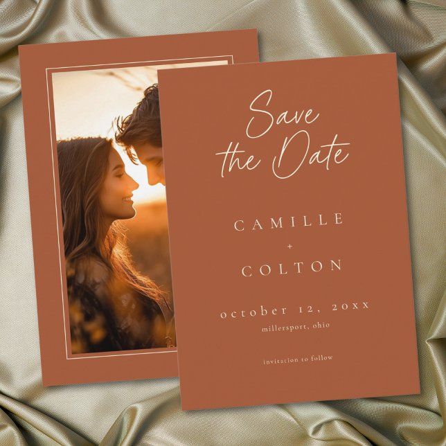 Reserve A Data Elegant Rust Terracotta Minimalist Wedding Photo (Elegant Rust Terracotta Minimalist Wedding Photo Save The Date)