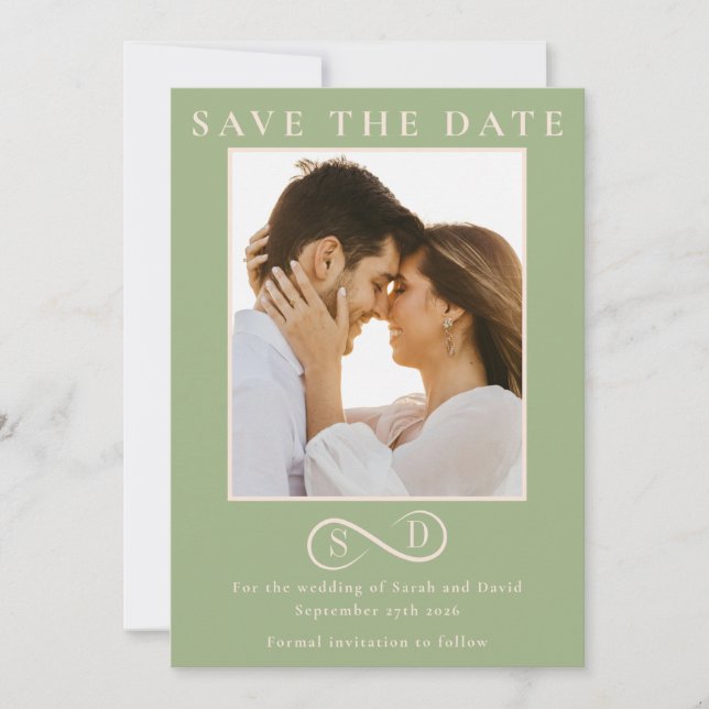 Reserve A Data Elegant Sage Green Infinity Monogram Save the Date (Frente)