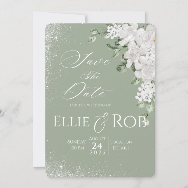 Reserve A Data Elegant Sage Green White Floral Save The Date (Frente)