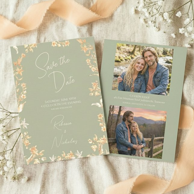 Reserve A Data Elegant Sage Ivory Script Wildflowers 2 Photo (Criador carregado)