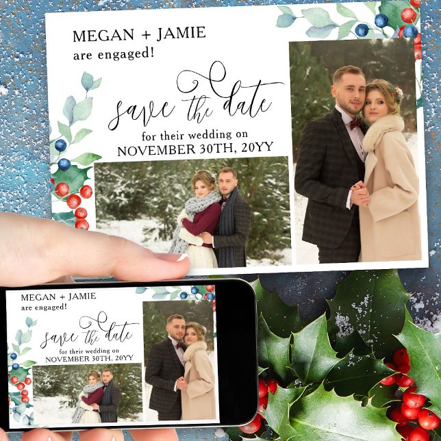 Reserve A Data Elegant Script Holly Winter Berries 2 Foto (Winter engagement announcement save the date from Winter Berries Wedding suite)