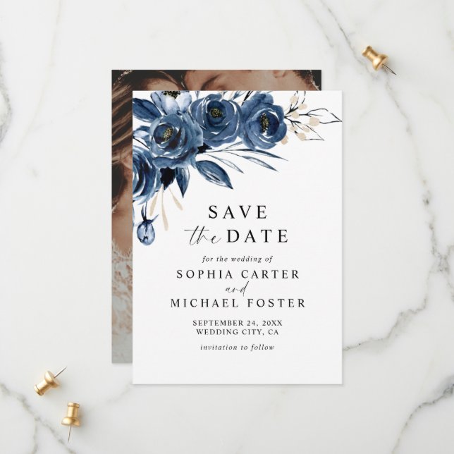 Reserve A Data Elegant Script Navy Blue Floral Photo Wedding (Frente/Verso In Situ)