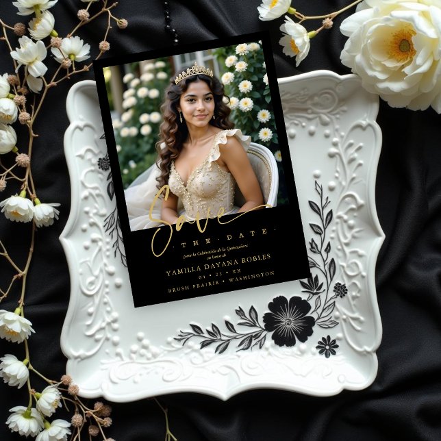 Reserve A Data Elegant Spanish Black Trendy Quinceañera Photo (Spanish Black Trendy Quinceañera Photo Save the Date Card Design. )