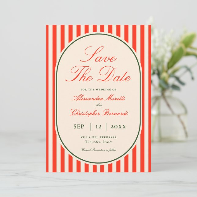 Reserve A Data Elegant Sunset Orange Stripe Italian Wedding (Em pé/Frente)