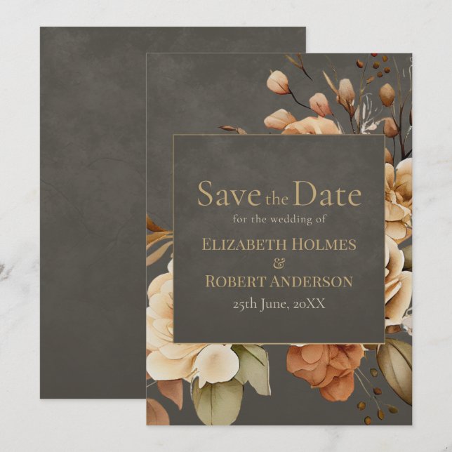 Reserve A Data Elegant Taupe Floral Save the Date (Frente/Verso)