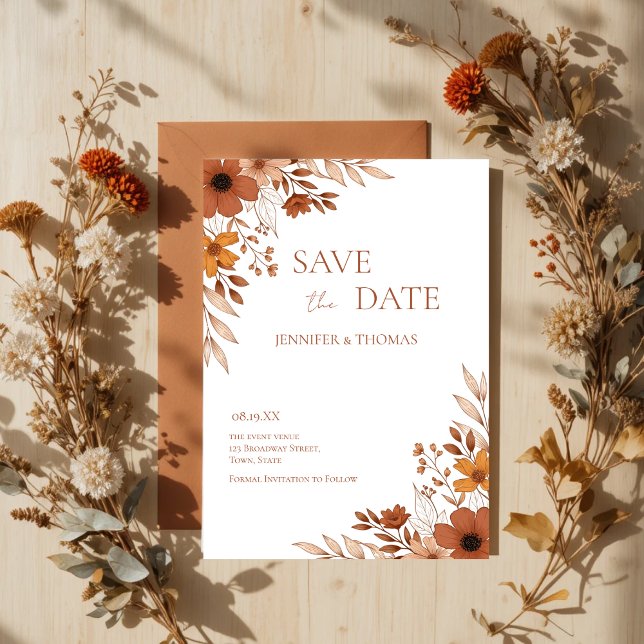 Reserve A Data Elegant Terracotta Floral Hand-Drawn Wedding (Elegant Terracotta Floral Hand-Drawn Save the Date)