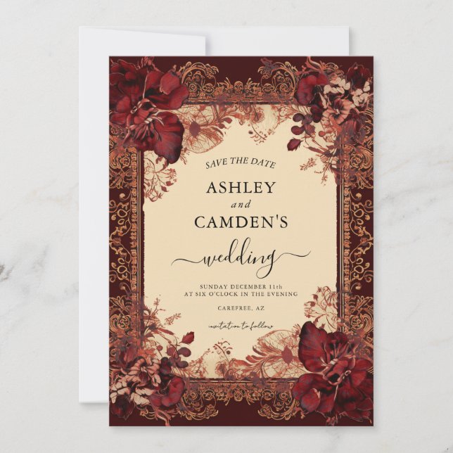 Reserve A Data Elegant Victorian Red Gold Wedding (Frente)