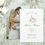 Reserve A Data Elegant Watercolor Chapel Photo Save the Date<br><div class="desc">Elegant Watercolor Chapel Wedding Save the Date card. This sophistcated Save the Date features a delicate, hand-painted watercolor illustration of a traditional white chapel. Lovely green script text for the names of the couple, paired with elegant serif font for the detials. Upload your favorite engagment photo on the back of...</div>