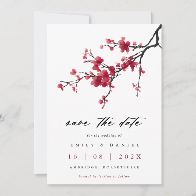 Reserve A Data Elegant Watercolor Red Cherry Blossom Wedding (Frente)