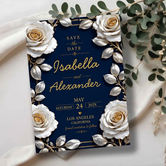 Reserve A Data Elegant White and Gold Rose on Navy Blue  (Criador carregado)