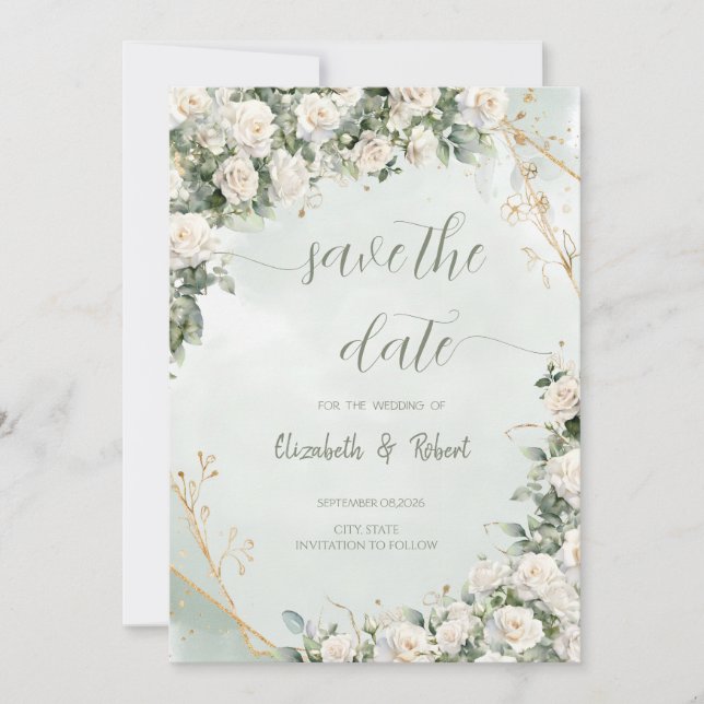 Reserve A Data Elegant White Roses Wedding Save The Date (Frente)
