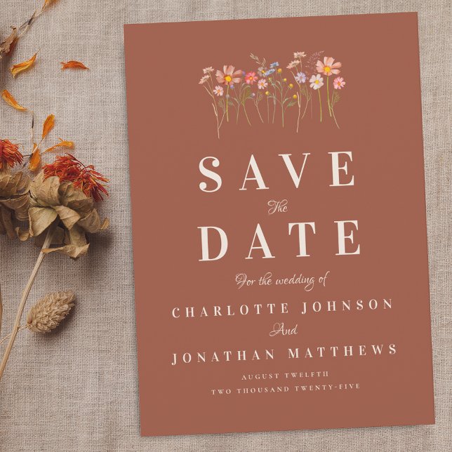 Reserve A Data Elegant Wildflower Boho Fall Terracotta Wedding (Elegant modern boho fall wildflower floral terracotta wedding save the date invitation)