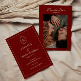 Reserve A Data Elegant Wine Red Monogram Script Wedding Photo