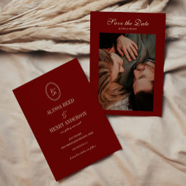 Reserve A Data Elegant Wine Red Monogram Script Wedding Photo