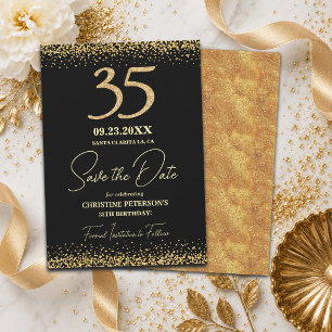 Reserve A Data Elegante 35º Aniversário Preto Dourado Brilho
