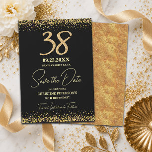 Reserve A Data Elegante 38º Aniversário Preto Dourado Brilho