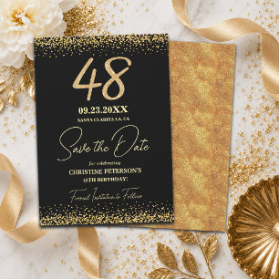 Reserve A Data Elegante 48º Aniversário Preto Dourado Brilho