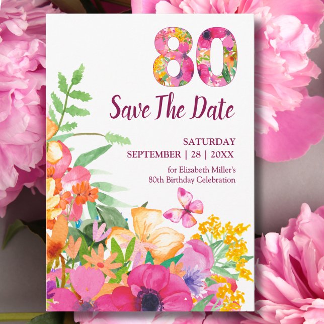Reserve A Data Elegante 80º Aniversário Flores Borboleta Rosa (Criador carregado)