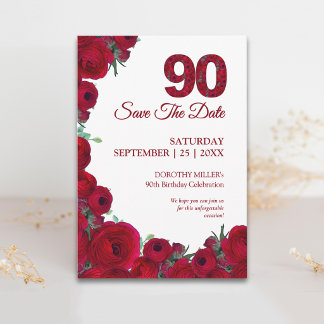 Reserve A Data Elegante 90º Aniversário Ousado 90 Floral Vermelha