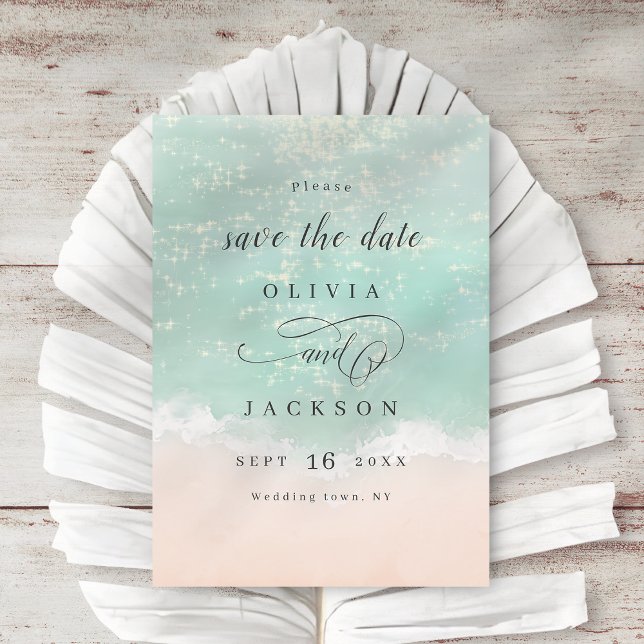 Reserve A Data Elegante abstrato cintilante praia oceânica (Elegant abstract sparkling ocean beach save the date)