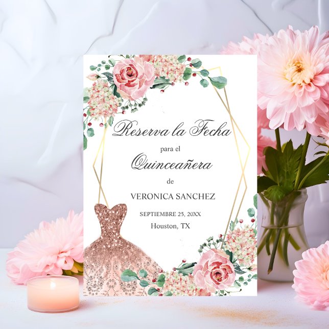 Reserve A Data Elegante Aquañera Quince Espanhol Rosa (Elegant Watercolor Pink Spanish Quinceañera Quince Save The Date)