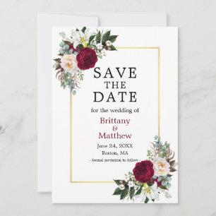 Reserve A Data Elegante Aquarela Borgonha Floral Branca Dourada