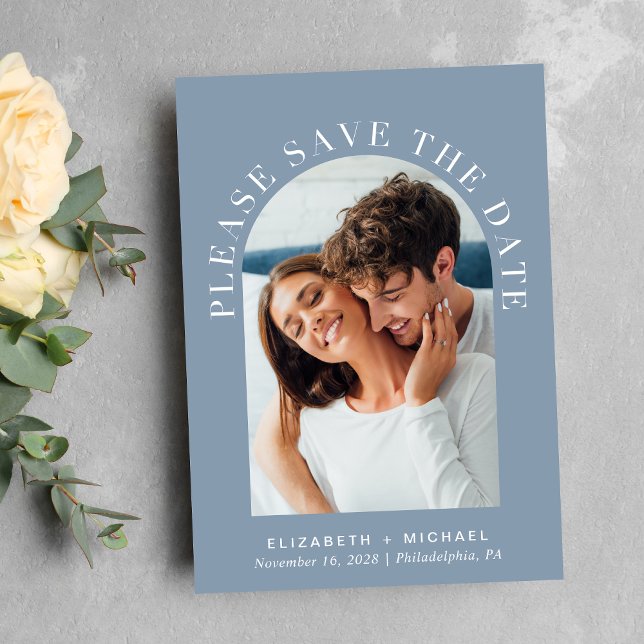 Reserve A Data Elegante Arch Photo Dusty Blue (Celebrate your love story with a save the date showcasing your photo in an elegant arch frame)