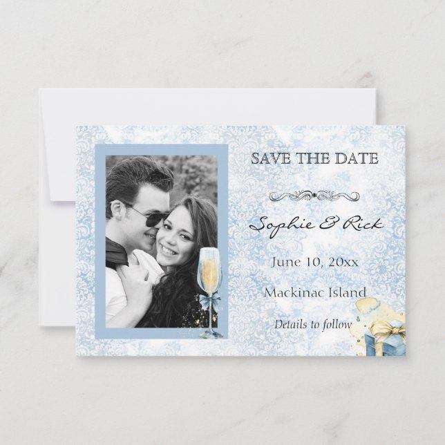 Reserve A Data Elegante Azul e Branco Champagne Save the Date (Frente)