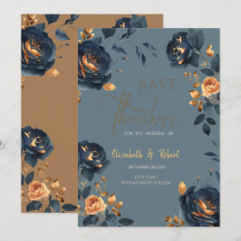 Reserve A Data Elegante Azul Marinho Flores Douradas Salve A Data