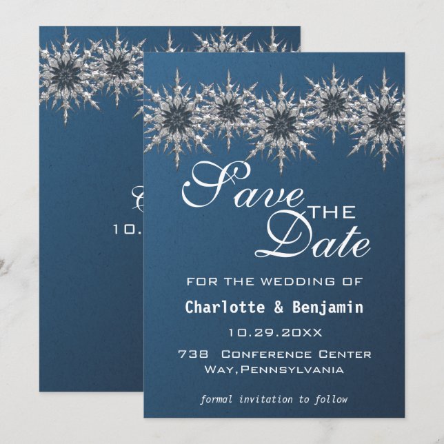 Reserve A Data Elegante Azul Marinho Prata Floco de Neve Salve A  (Frente/Verso)