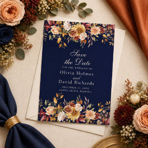 Reserve A Data Elegante Azul Meia-Noite Laranja Queimado Floral 