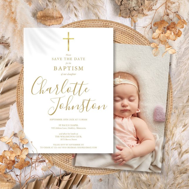 Reserve A Data Elegante Baptism Christening Foto de Assinatura Do (Elegant Baptism Christening Gold Signature Photo Save The Date)