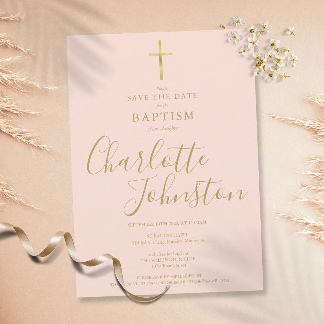 Reserve A Data Elegante Batismo Cristo Gold Script Rosa Bege (Criador carregado)