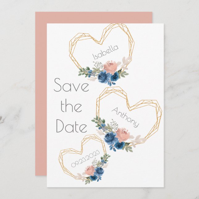 Reserve A Data Elegante Blue Dourado Heart Floral Names Salvação  (Frente/Verso)