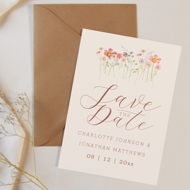 Reserve A Data Elegante Boho Bege Foto Casamento de Flores Silves (Boho chic watercolor wildflower meadow wedding save the date card)