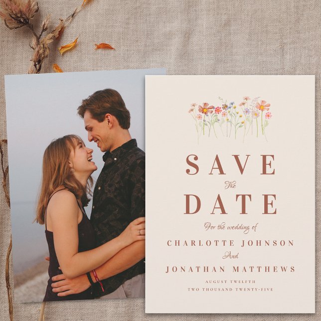 Reserve A Data Elegante Boho Flor de Campo Bege Casamento Foto (Elegant boho Wildflower meadow beige terracotta photo Wedding save the date card)