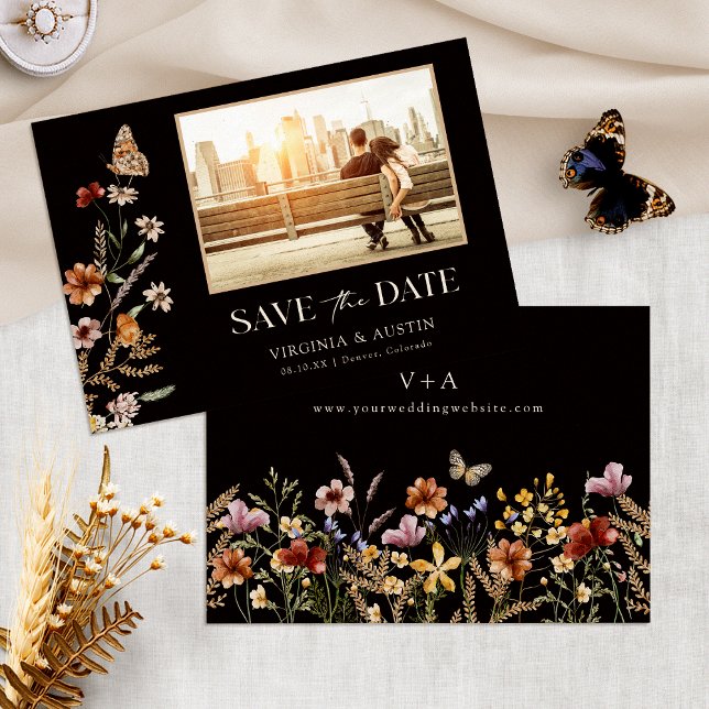 Reserve A Data Elegante Boho Foto Salvar a Data (Elegant Black Wildflower Boho Photo Save The Date Monogrammed by Painted Paperie
)