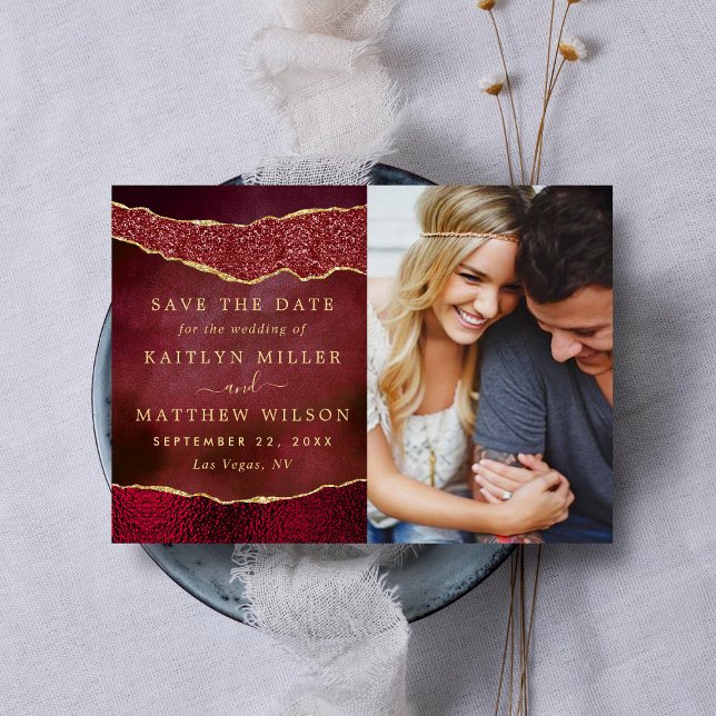 Reserve A Data Elegante Burgundy e Dourada Foto de Casamento Agat (Criador carregado)