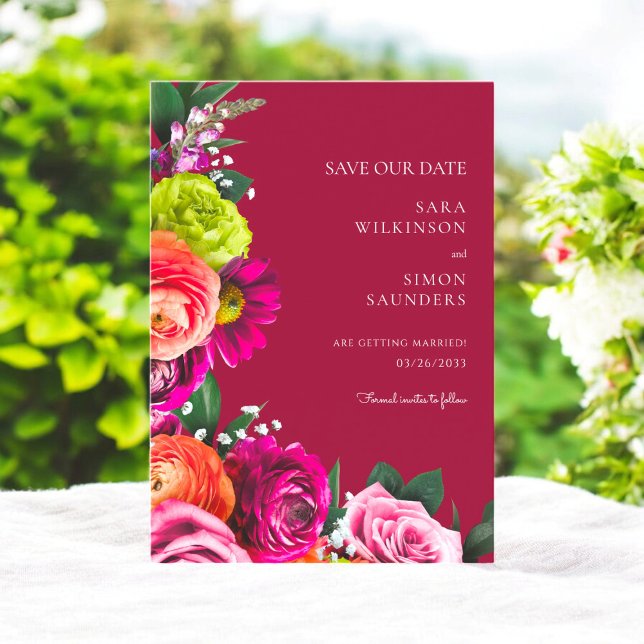 Reserve A Data elegante burgundy floral moderno salve a data (save the date card with elegant florals on a fresh burgundy floral background)