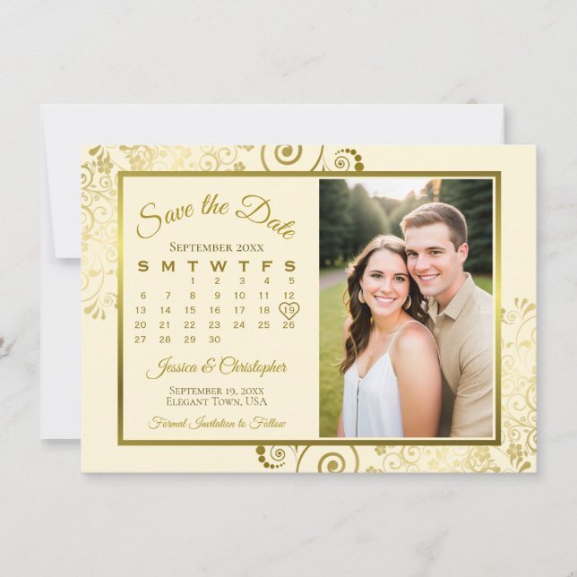 Reserve A Data Elegante Calendário e Foto de Casamento em Ouro e  (Frente)