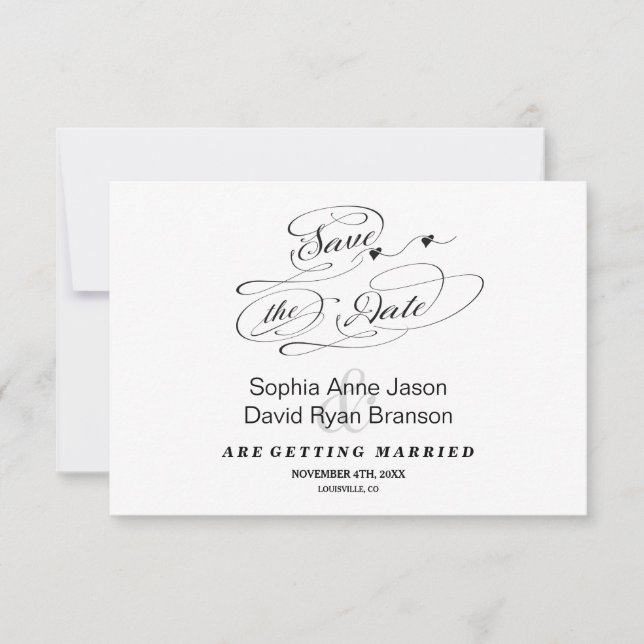 Reserve A Data Elegante Caligrafia Preto e Branco Save The Date (Frente)