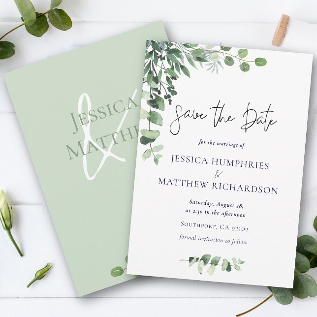 Reserve A Data Elegante Casamento Branco Verde Eucalyptus Flat (Elegant Eucalyptus Green White Wedding Flat Save The Date)