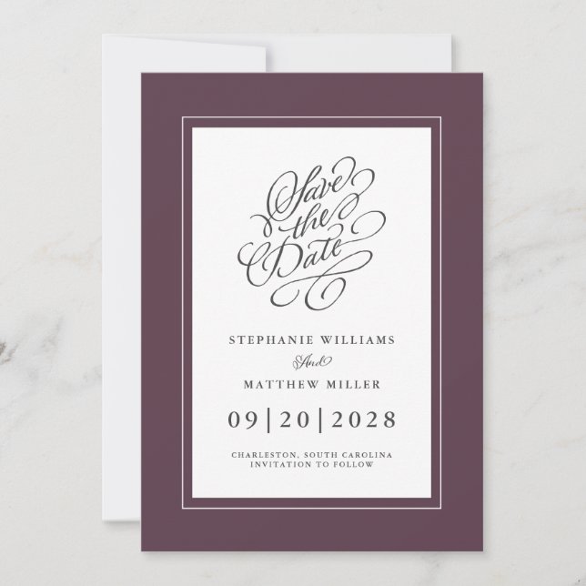 Reserve A Data Elegante Casamento Chic Trendy Script Moody Purple (Frente)