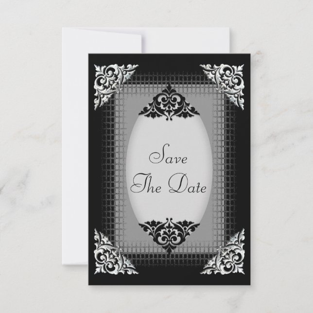 Reserve A Data Elegante Casamento de Prata e Preto para Salvar a  (Frente)