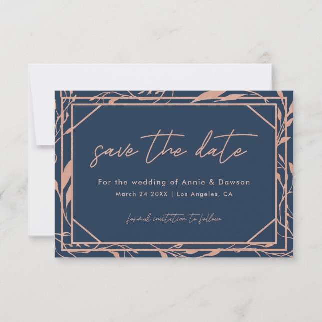 Reserve A Data Elegante Casamento em Azul Marinho e Dourado Rosa (Frente)