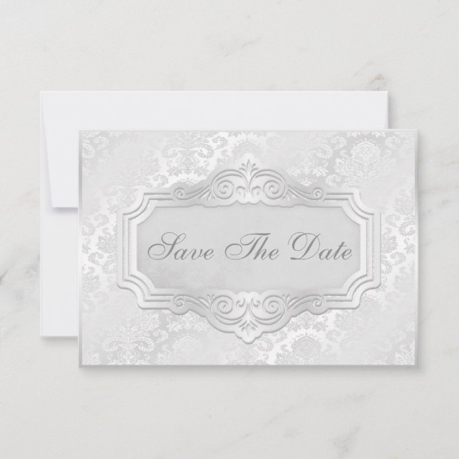 Reserve A Data Elegante Casamento em Prata Damask Save The Date (Frente)